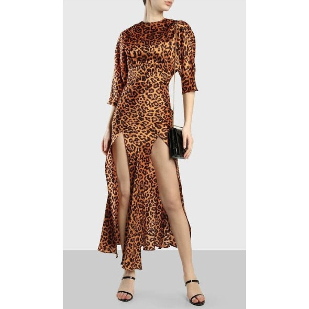 NWT $1500 The Attico Half Sleeve Leopard Double Slit Dress Black Brown Size 2